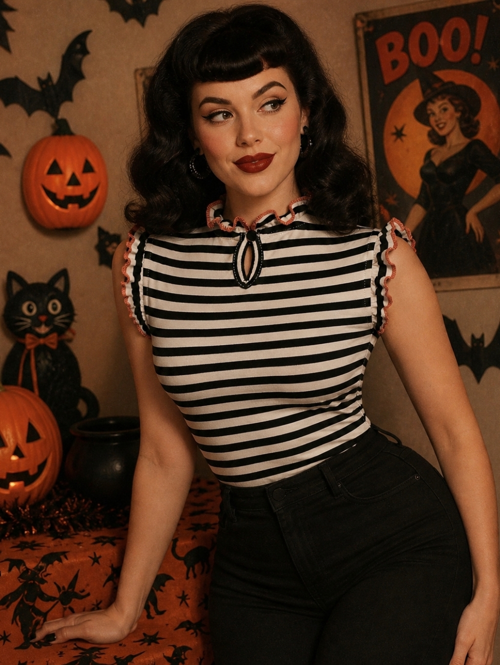 Women’s Size Medium Smak Parlour Black And White Striped Shirt Pinup Girl Retro